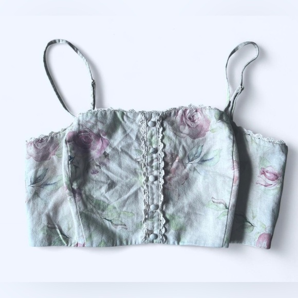 Caroline Constas Womens Cream Linen Coquette Floral Cottagecore Crop Top Large - Picture 3 of 9